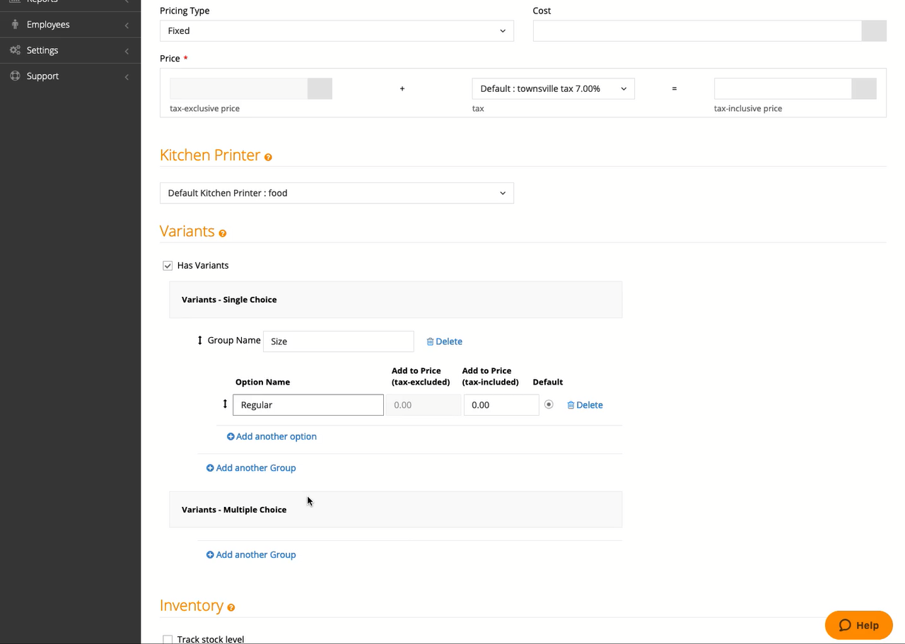 Video: adding a variant group by hand on the product screen, with single-choice and multiple-choice variant sections that had to be rebuilt for every product.