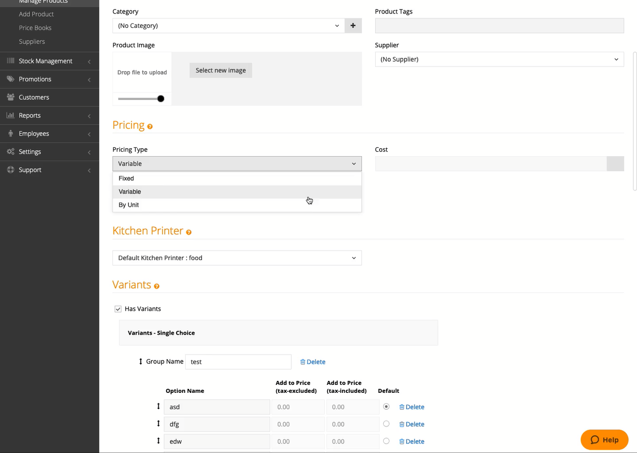 Video: the existing Add/Edit Product screen in BackOffice, with pricing type, cost, and kitchen printer fields stacked in a single dense column.