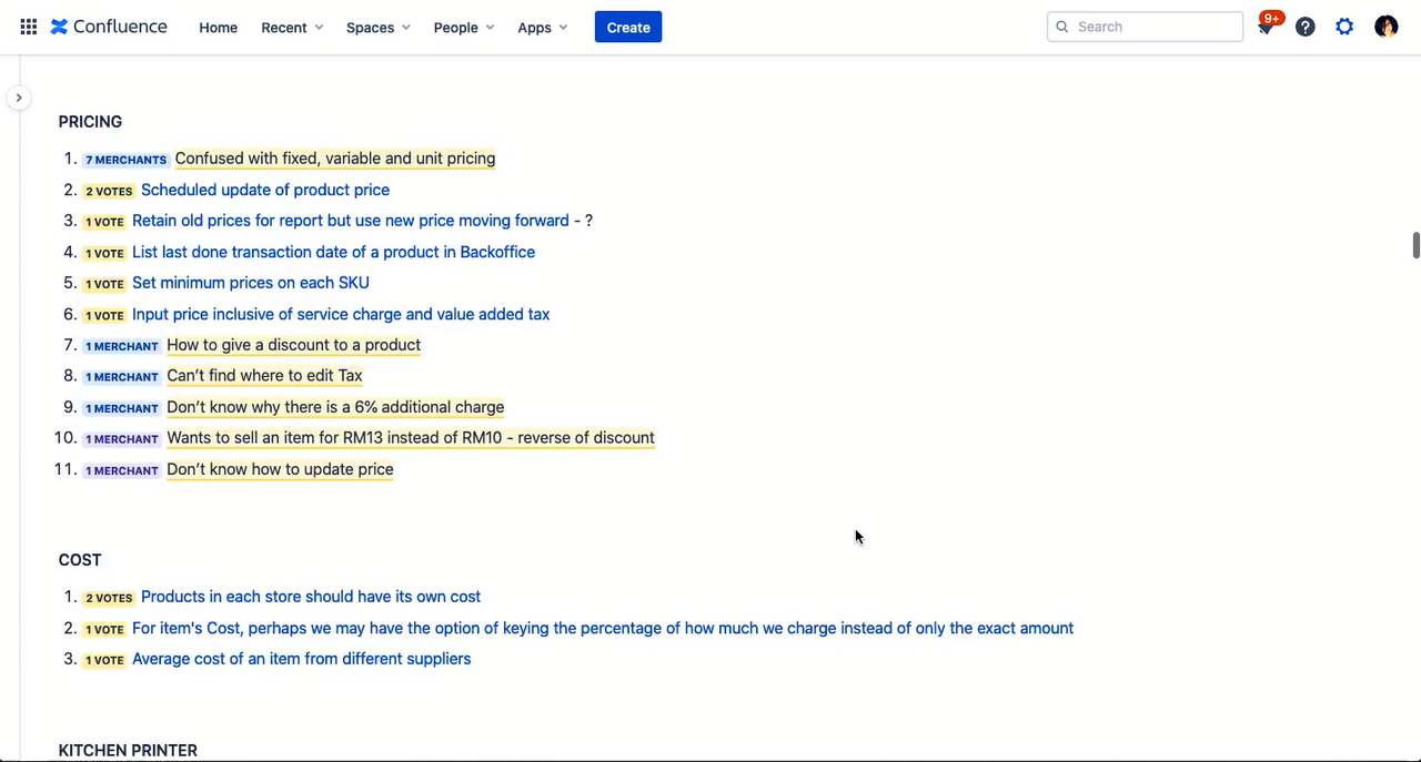 Video: a Confluence page collating merchant issues by field, such as pricing and cost, each tagged with how many merchants or votes raised it.