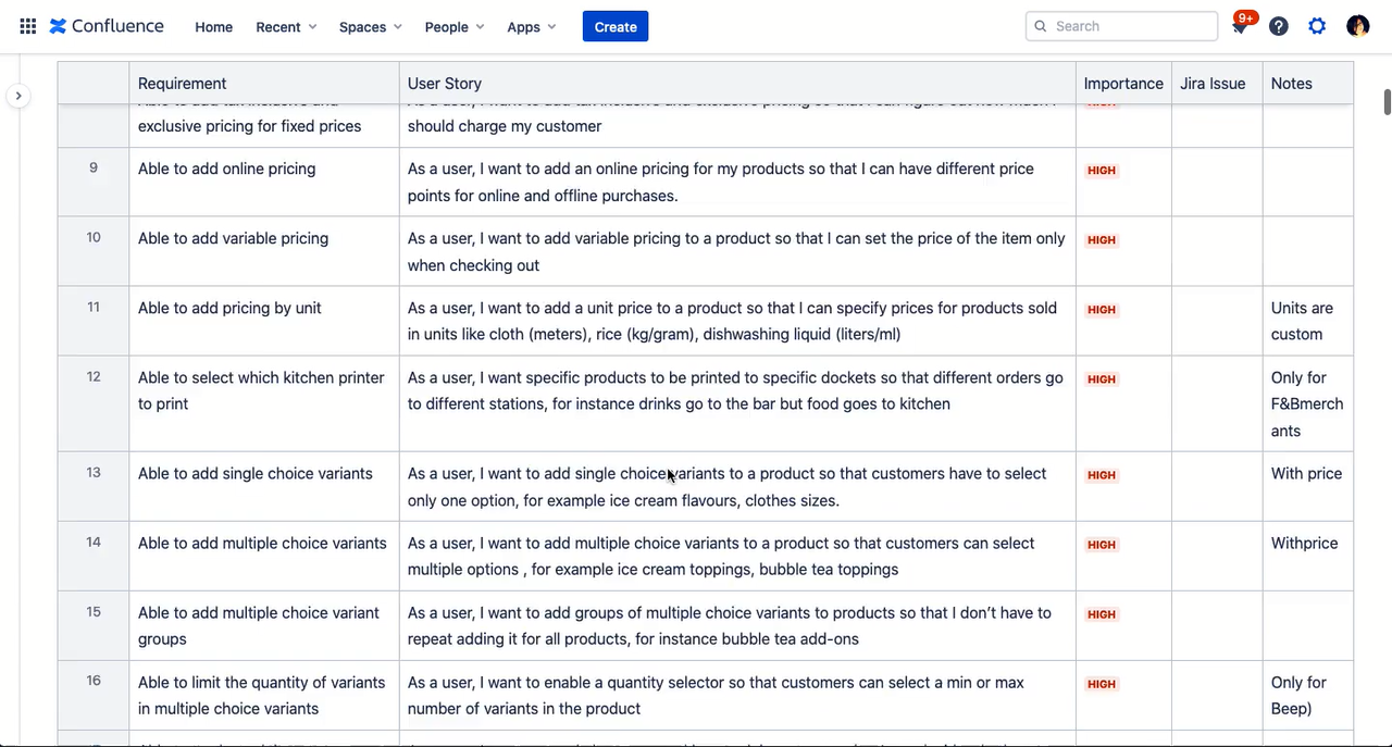 Video: a requirements table listing user stories for adding products, such as variable pricing and multiple-choice variants, each marked with an importance level.