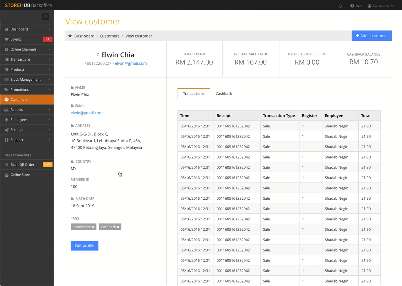 Video: a mocked-up customer record showing the proposed merge behaviour, combining a customer's point of sale and Beep history under one profile.