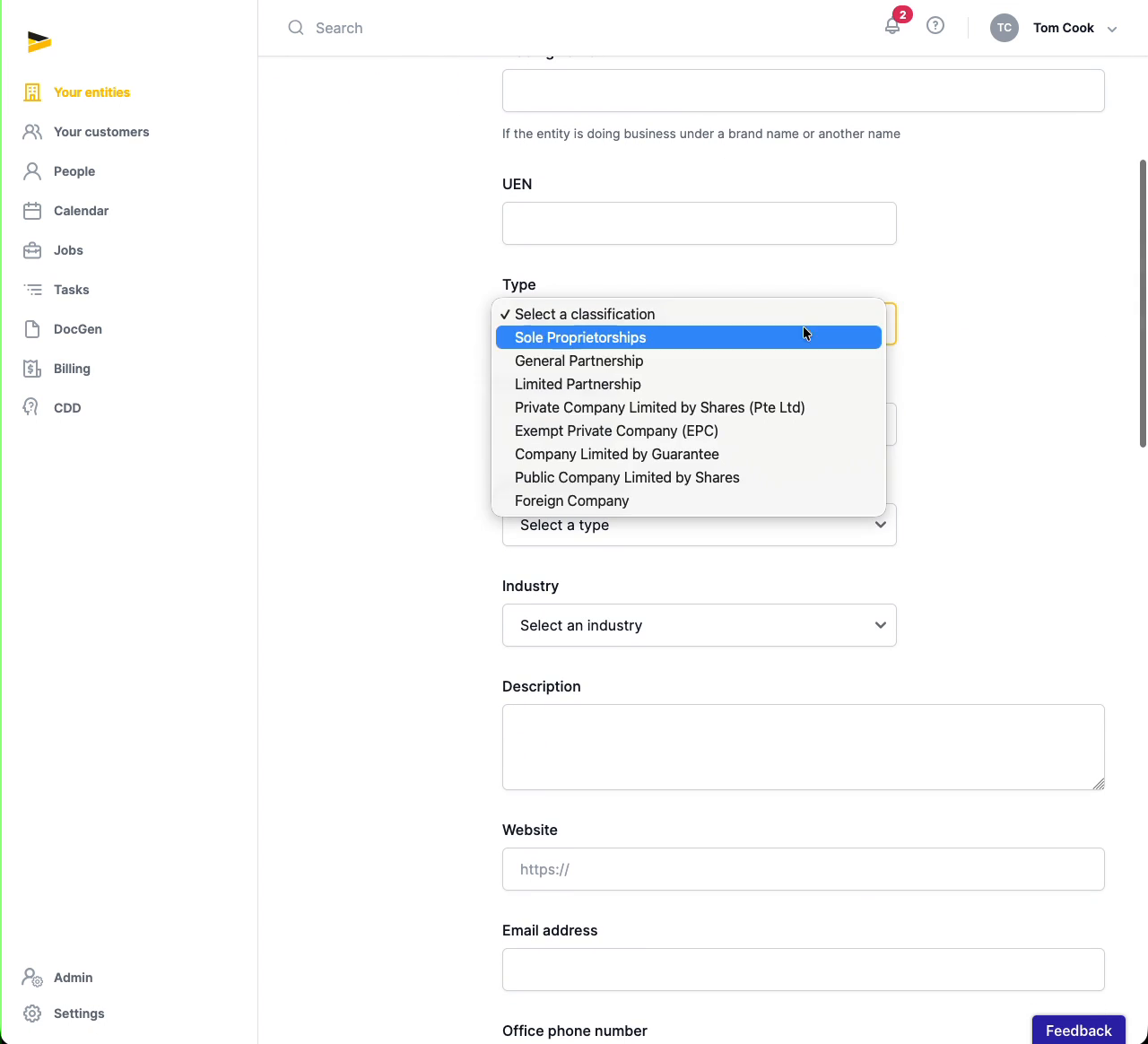 Video: adding an entity, with the Type field open on Singapore's classifications — sole proprietorship, general and limited partnership, private company limited by shares, exempt private company, company limited by guarantee, public company limited by shares, foreign company.