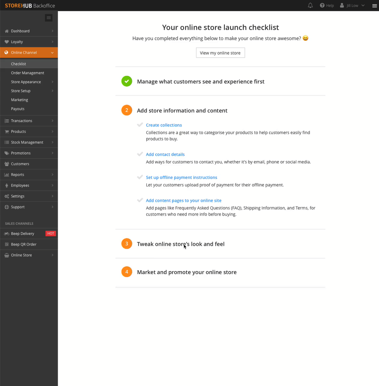 Video: the post-launch checklist, now visible but no longer blocking, showing completed and outstanding tasks such as adding store information and tweaking the store's look and feel.